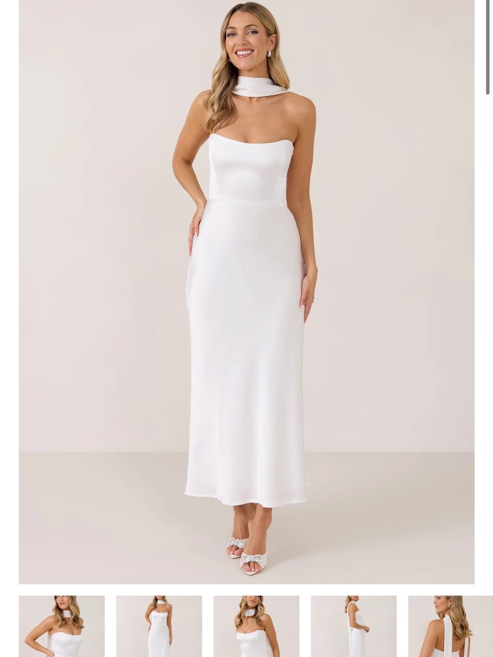 White satin rehearsal dinner dress with scarf